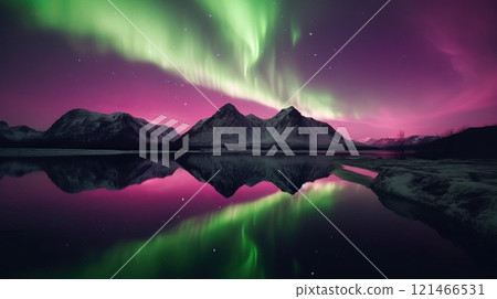 Beautiful Northern Lights above mountain and river. Generative AI 121466531
