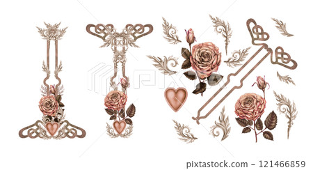 Large set of elements for a frame, border with botanical roses, a heart, in a pink-brown palette. Botanical watercolor clipart for wedding, valentine's day, women's card, poster, scrapbook, web design 121466859