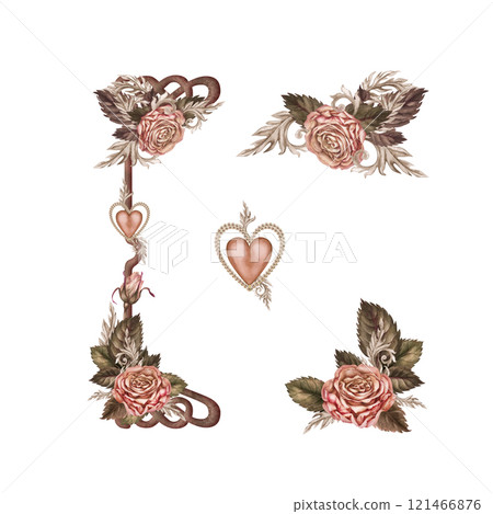Elements for a frame, border with botanical roses, a pearl heart, in a pink-brown mocha-mousse palette. Botanical watercolor clipart for wedding, valentine's day, card, poster, scrapbook, postcard Elements for a frame, border with botanical roses, a pearl heart, in a pink-brown mocha-mousse palette. Botanical watercolor clipart for wedding, valentine's day, card, poster, scrapbook, postcard 121466876