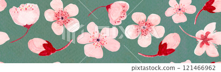 Pink sakura flowers seamless watercolor border on sage background. Hand painted high quality illustrations for wrapping paper, textile, cards, wedding invitations, beauty salon ads, packaging. Spring Pink sakura flowers seamless watercolor border on sage background. Hand painted high quality illustrations for wrapping paper, textile, cards, wedding invitations, beauty salon ads, packaging. Spring 121466962