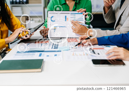 Working team meeting concept, business using laptop and smart phone and digital tablet computer with digital marketing media Working team meeting concept, business using laptop and smart phone and digital tablet computer with digital marketing media 121466965