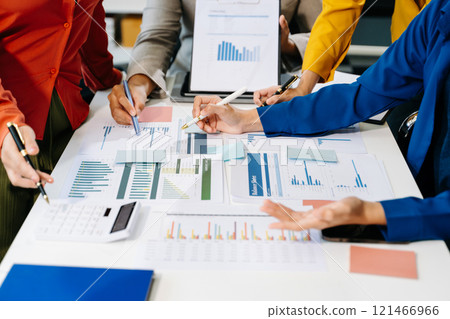 Business people making presentation with his colleagues and business smartphone, tablet digital computer 121466966