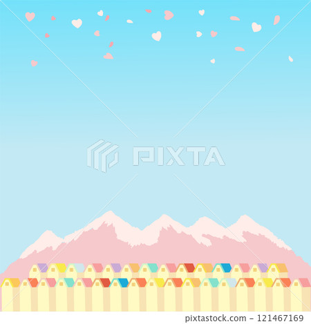 spring scenery with villages and mountains 121467169