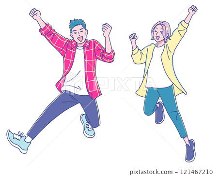 成年男女精力充沛地跳躍 成年男女精力充沛地跳躍 121467210