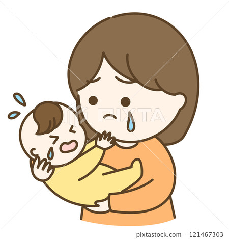 Illustration of a crying baby and mother 121467303