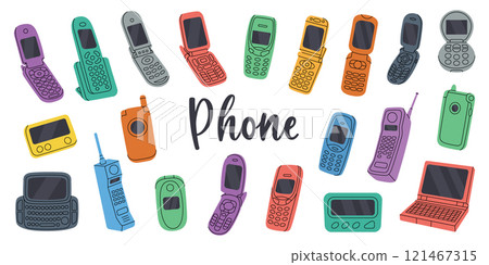 Retro phones. Old communication gadgets. Retro electronic devices. Phone with keypad, flip mobile, pager, cell phone, old telephone. 121467315