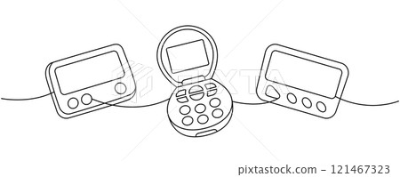 Old-fashioned communication technology one line continuous drawing. Small flip phone, pager, beeper. Vector linear illustration. 121467323