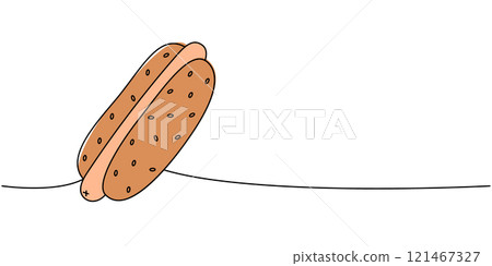 Hot dog one line colored continuous drawing. American street fast food. Vector linear illustration. 121467327