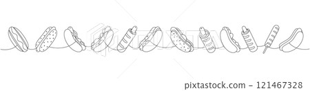 Hot dog set one line continuous drawing. Hotdog, French hot dog, corn dog continuous one line illustration. Vector linear illustration. 121467328