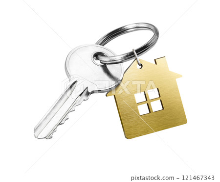 House key with golden house shaped keychain isolated on white background House key with golden house shaped keychain isolated on white background 121467343