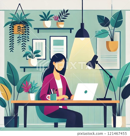 Illustration of a woman working remotely in a cozy and vibrant home office environment 121467455