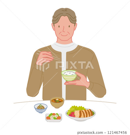 Smiling middle-aged man eating a balanced diet (measures against thinning hair) 121467456