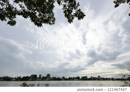 River Landscape with cloudy sky. Wild river nature cloudscape by summer day. River Landscape with cloudy sky. Wild river nature cloudscape by summer day. 121467487