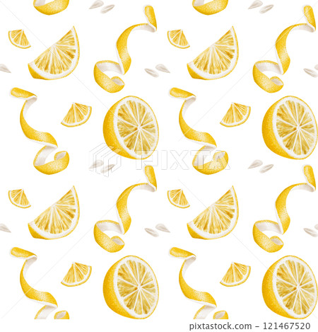 Lemon slices, peel and seeds of a citrus plant. Seamless pattern without background. Watercolor illustration. Yellow juicy fruit with pulp. Half a lemon, cut citrus.  121467520