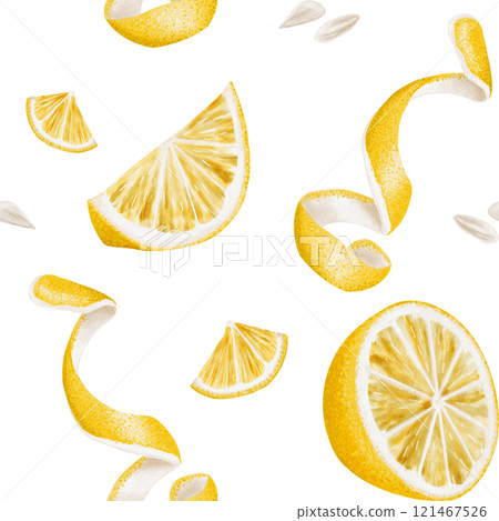 Lemon slices, peel and seeds of a citrus plant. Seamless pattern without background. Watercolor illustration. Yellow juicy fruit with pulp. Half a lemon, cut citrus. Lemon slices, peel and seeds of a citrus plant. Seamless pattern without background. Watercolor illustration. Yellow juicy fruit with pulp. Half a lemon, cut citrus. 121467526