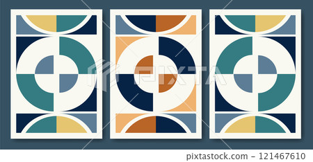Vector abstract dynamic poster set. Artwork collection postmodern geometric shapes 50s retro style Vector abstract dynamic poster set. Artwork collection postmodern geometric shapes 50s retro style 121467610