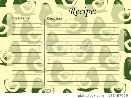 Recipe card template, empty blank. Cartoon recipe card template with avocado illustration Recipe card template, empty blank. Cartoon recipe card template with avocado illustration 121467629