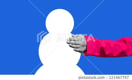 Contemporary art collage. Pink-sleeved hand reaches towards white snowman against vibrant blue background. 121467747