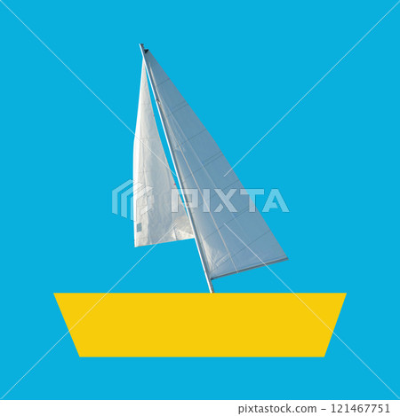 Contemporary art collage. White sail, boat catches wind, creating dynamic shape against blue background. Pop art design. Contemporary art collage. White sail, boat catches wind, creating dynamic shape against blue background. Pop art design. 121467751