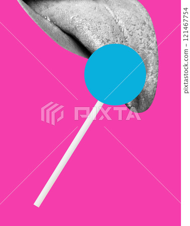 Contemporary art collage. Black and white tongue licks blue lollipop. Vibrant pink background. Bold colors, graphic elements. Simple, striking image. 121467754