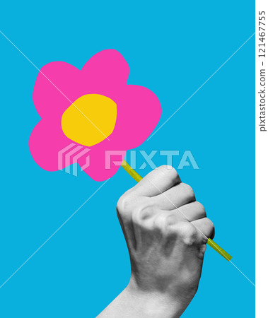 Contemporary art collage. Hand, black and white, grasps bright pink flower with yellow center. Vibrant flower stands out against bold blue background. Contemporary art collage. Hand, black and white, grasps bright pink flower with yellow center. Vibrant flower stands out against bold blue background. 121467755