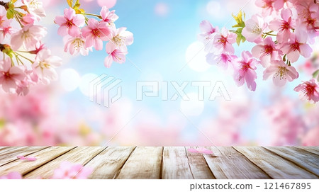 Cherry blossoms and a wooden stand for product photography AI 121467895