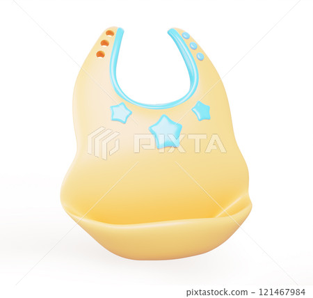 Baby bib 3d render icon. Silicone bib for feeding newborn kid. Cartoon cute drooler with pocket for food, yellow with blue stars isolated on white background. Child nursing accessory. 3D illustration Baby bib 3d render icon. Silicone bib for feeding newborn kid. Cartoon cute drooler with pocket for food, yellow with blue stars isolated on white background. Child nursing accessory. 3D illustration 121467984