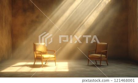 A minimalist and symbolic scene of a two empty chairs placed in the center of a softly lit room with a plain background. 121468001