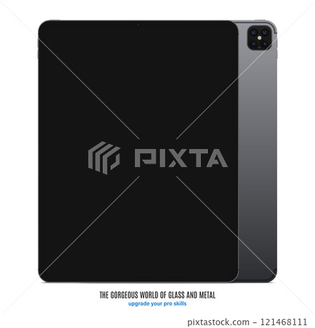 tablet grey color with black touch screen saver and backside isolated on white background. front view mockup of realistic and detailed device with shadow. stock vector illustration 121468111