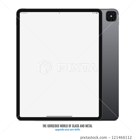 tablet grey color with blank touch screen saver and backside isolated on white background.  front view mockup of realistic and detailed device with shadow. stock vector illustration 121468112