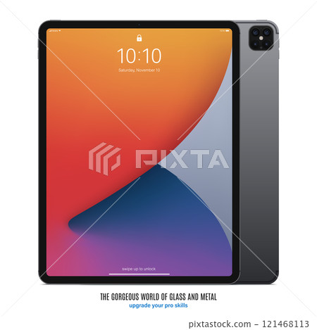 tablet grey color with colorful touch screen saver and backside isolated on white background. front view mockup of realistic and detailed device with shadow. stock vector illustration 121468113