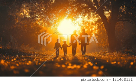 A family of four, holding hands and walking towards the sunset under an old tree 121468131