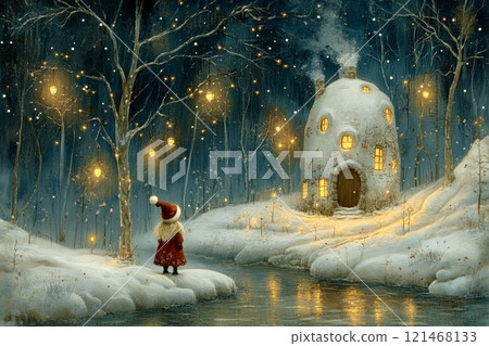 Christmas card,A snowy landscape with a glowing cottage, warm lights, and a girl in a red coat And Santa's hat. Hand-drawn style, serene forest at night. Festive mood 121468133