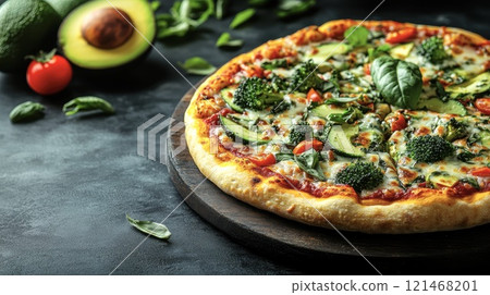 Vegan pizza with seasonal ingredients: tomato, avocado, greens, broccoli. 121468201