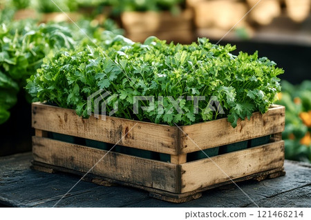 Wooden parsley box on wooden table at farmer's market 121468214