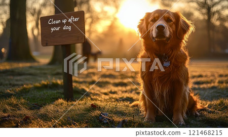 ginger dog sitting in the park next to a sign Clean up after your dog 121468215