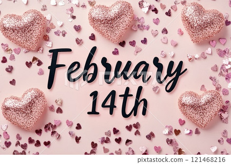 Valentine's Day card, text February 14 on a pink background with hearts 121468216