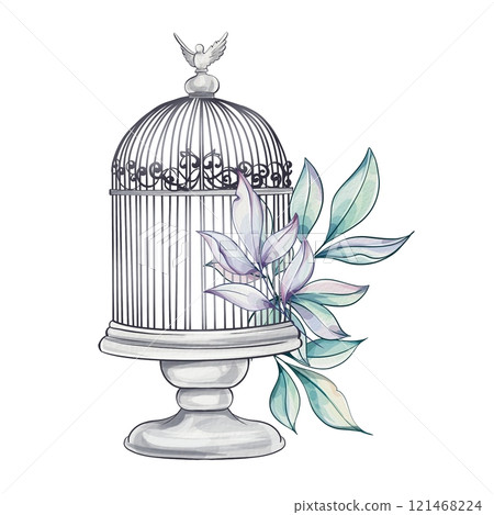 A beautiful watercolor illustration showcases an ornate birdcage with a delicate bird on top, complemented by soft, flowing leaves around it A beautiful watercolor illustration showcases an ornate birdcage with a delicate bird on top, complemented by soft, flowing leaves around it 121468224