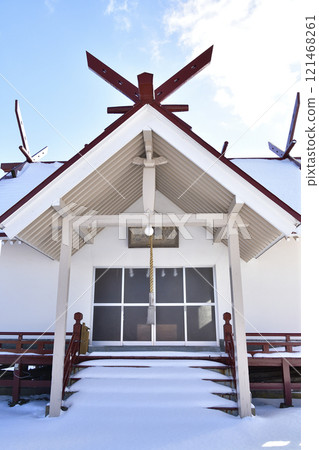 Photographing the grounds of Higashino Ebisu Shrine in Higashino, Yakumo-cho, Hokkaido in winter 121468261