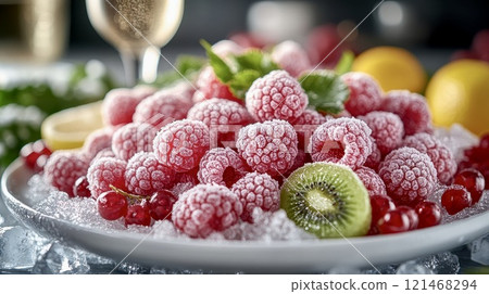 Frozen fresh raspberries, red currants, kiwi slices and a glass of champagne on the kitchen table 121468294