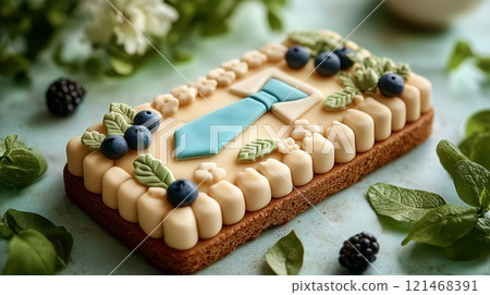 Father's Day cookies with creamy filling in the shape of a white shirt and a blue tie. Father's Day cookies with creamy filling in the shape of a white shirt and a blue tie. 121468391