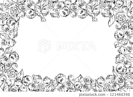 Blueberry blackberry, hand drawn in ink vector, group of scattered ripe forest berry with drops and plant leaves. Border frame isolated illustration, for restaurant, cafe menu, wedding, farmers market Blueberry blackberry, hand drawn in ink vector, group of scattered ripe forest berry with drops and plant leaves. Border frame isolated illustration, for restaurant, cafe menu, wedding, farmers market 121468398