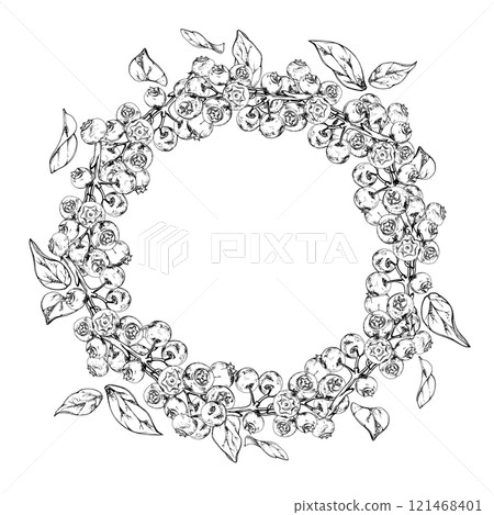 Blueberry blackberry cluster with plant leaves on branch, ripe forest berry hand drawn in ink vector. Isolated wreath frame botanical illustration for restaurant, cafe menu, wedding, farmers market. 121468401