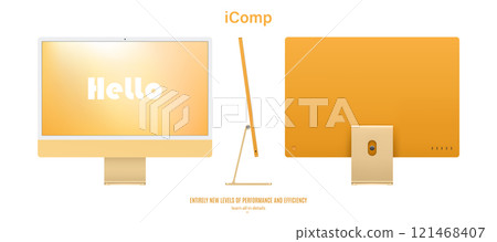 computer display yellow color with colorful screen saver front, back and side view isolated on white background. realistic and detailed mockup of monitor for system unit. vector illustration 121468407