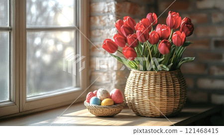 on the sunlit windowsill near the window there is a basket of Easter eggs and a bouquet of red tulips, symbols of Easter. 121468415