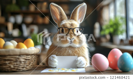 Easter bunny in white gloves holding a blank text form.He is sitting at the table in the kitchen, there are Easter eggs next to him 121468421