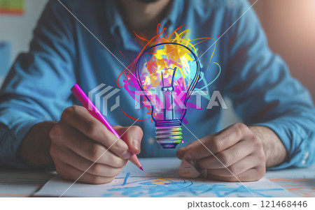 A light bulb with colorful, glowing symbols illuminates creativity as a person sketches in a notebook, conveying brainstorming and creative process. 121468446