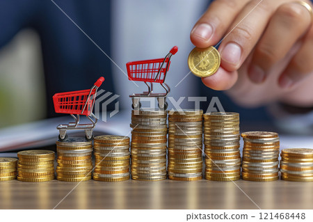 Miniature shopping carts placed on stacks of coins, illustrating investment, consumerism, and savings. A concept of economic and financial growth, sales, taxes, overconsumption, business income 121468448