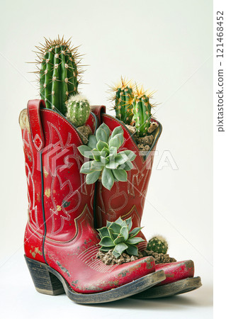 Two ornamental red cowboy boots repurposed as unique planters filled with lively green cacti and succulents, combining rustic Western charm with eco-friendly creativity. Two ornamental red cowboy boots repurposed as unique planters filled with lively green cacti and succulents, combining rustic Western charm with eco-friendly creativity. 121468452