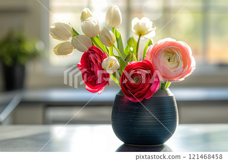 Elegant Bouquet of White Hyacinths and Vibrant Ranunculus Flowers in a Glass Vase 121468458